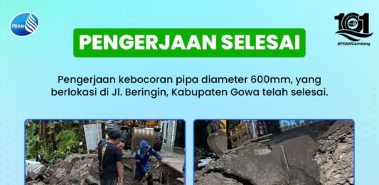 Perbaikan Kebocoran Pipa PDAM di Jalan Beringin Gowa Tuntas, Distribusi Air Bersih kembali Normal
