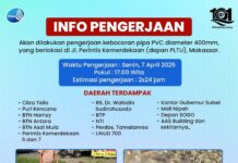 Ada Perbaikan Kebocoran Pipa di Jalan Perintis Kemerdekaan, PDAM Makassar : Estimasi Pengerjaan 2×24 Jam