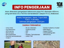 Ada Perbaikan Kebocoran Pipa di Jalan Perintis Kemerdekaan, PDAM Makassar : Estimasi Pengerjaan 2×24 Jam